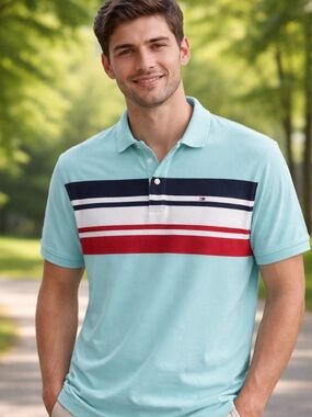 Tommy Hilfiger Mint Green Polo with Navy, White & Red Chest Stripes